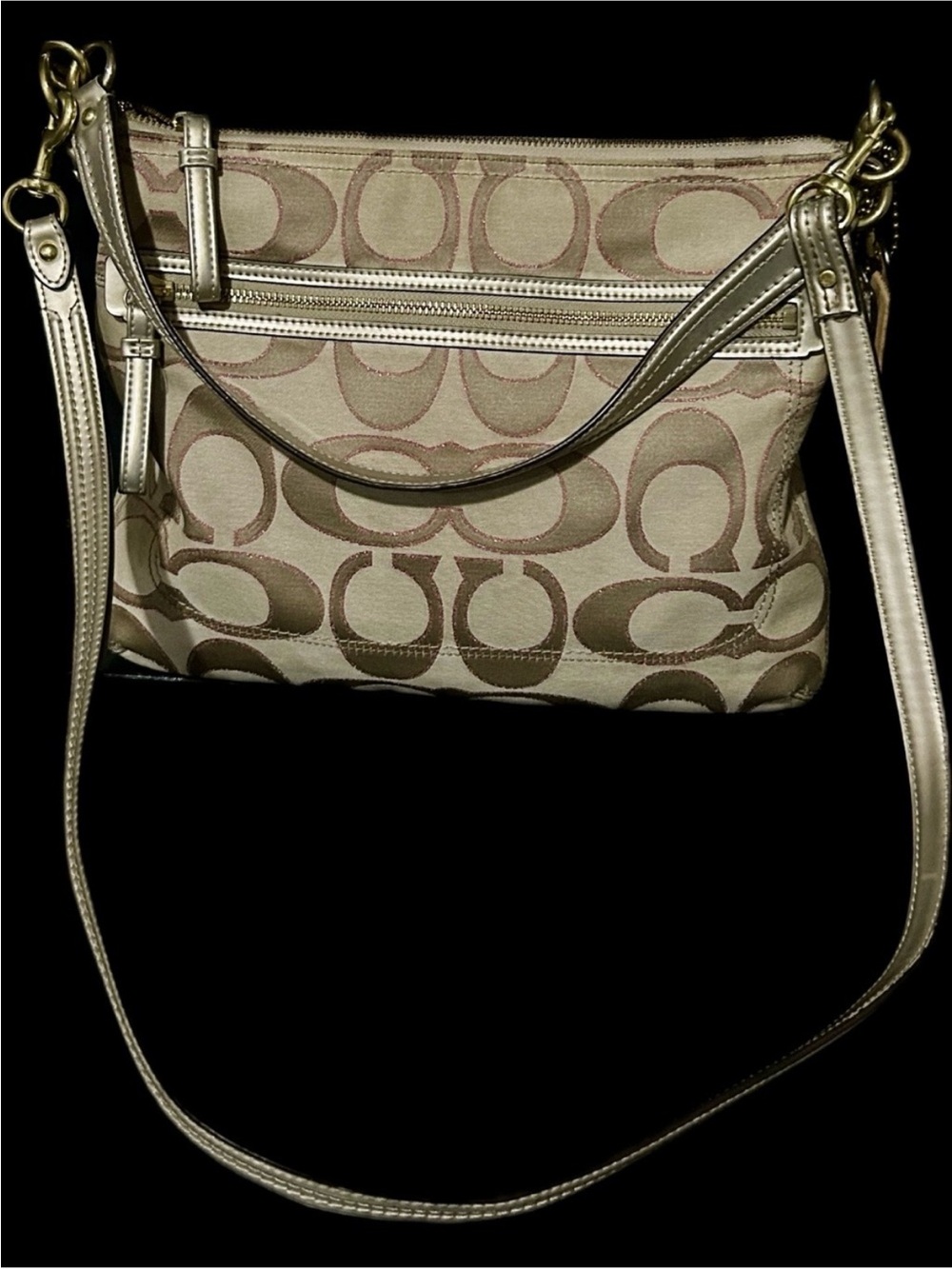 Coach Poppy Metallic Gold Trim Signature Crossbody in Beige and Brown
